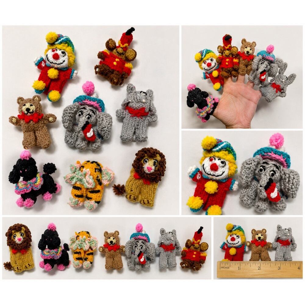 Vintage Handmade Knit Crochet Finger Puppet Lot 8 Animal Clown Lion Bear